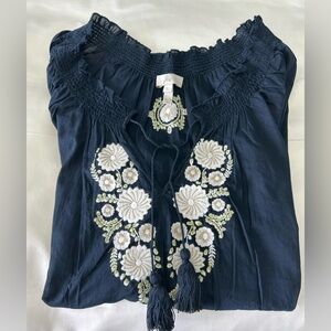 Joie lightweight long sleeve navy top. Size large. Embroidery front and back.